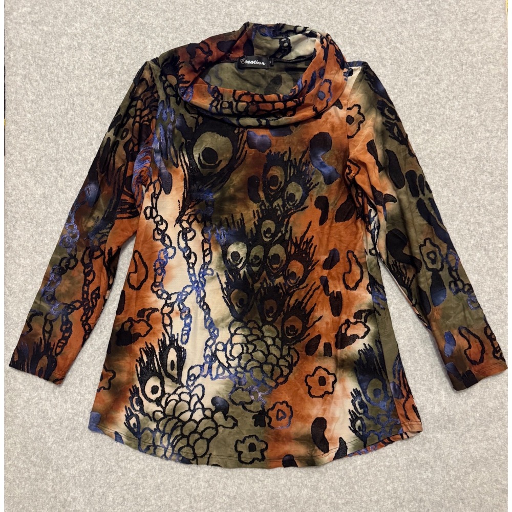 Creation Fairycore Womens Small Abstract Burnout Cowl Neck Top Earthy Boho Y2K
